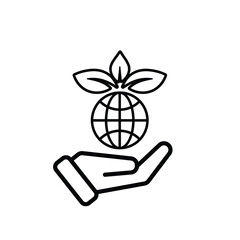 sustainable icon. earth and plant vector in hand. reuse, recycle, net zero, green energy, eco-friendly concept. Line design style