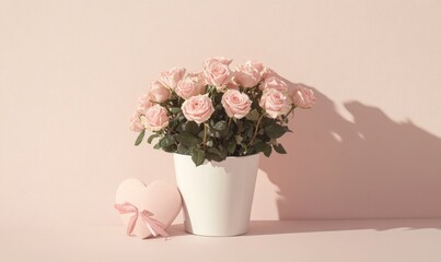 Fototapeta premium Pink roses in a white vase with a heart-shaped gift box on a colored background