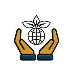 sustainable icon. earth and plant vector in hand. reuse, recycle, net zero, green energy, eco-friendly concept. Mixed design style
