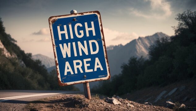 A tilted “High Wind Area” sign on a mountain road, with strong gusts moving grass and dust, sun breaking through storm clouds in the distance, realistic photography style.