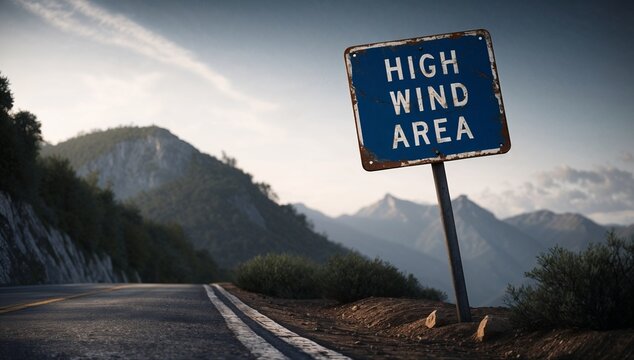 A tilted “High Wind Area” sign on a mountain road, with strong gusts moving grass and dust, sun breaking through storm clouds in the distance, realistic photography style.