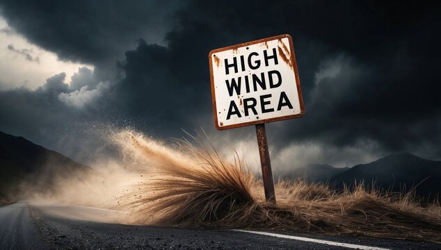 A tilted “High Wind Area” sign on a mountain road, with strong gusts moving grass and dust, sun breaking through storm clouds in the distance, realistic photography style. - Powered by Adobe