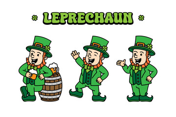 Leprechaun, St. Patrick retro vintage mascot character clip art. St. Patrick Day Retro vintage mascot character with gloved hand and foot. Walking, waving, standing, funny, cute.