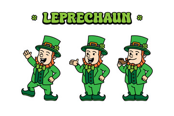 Leprechaun, St. Patrick retro vintage mascot character clip art. St. Patrick Day Retro vintage mascot character with gloved hand and foot. Walking, waving, standing, funny, cute.