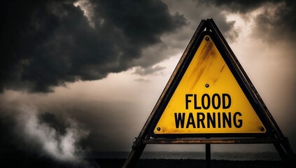 A triangular flood warning sign partially submerged in murky water, with ripples around it, dramatic storm clouds in the background, hyper-realistic, cinematic lighting.