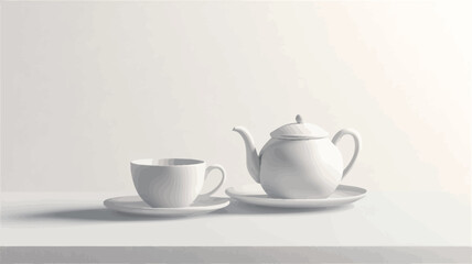 A high-angle, close-up studio shot depicts a white porcelain teapot and teacup set against a bright white background.  The teapot is slightly larger than the teacup and both are positioned