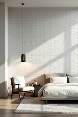 Fototapeta premium Serene bedroom interior design featuring a minimalist bed, wooden armchair, and pendant light against a white brick wall, bathed in sunlight.