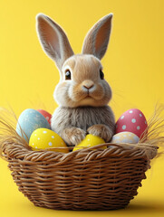 Fluffy bunny with colorful Easter eggs in wicker basket against yellow background. Holiday celebration symbol