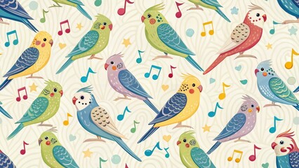 Cute Pet Illustrations in Digital Art Style Concept. Colorful pattern of whimsical birds with musical notes on a light background. Seamless Pattern.