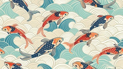Obraz premium Cute Pet Illustrations in Digital Art Style Concept. Colorful koi fish swimming amidst waves in a traditional Japanese pattern. Seamless Pattern.