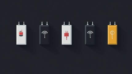 Five power bank icons, dark background, charging, technology