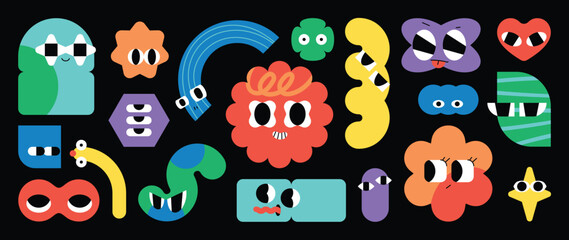 Set of colorful funny shape element vector. Collection of cartoon characters, cute doodle dawn, geometric, organic shape with fun eye. Design for decorative, sticker, toys and kids.