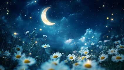 Magical moonlit meadow at night