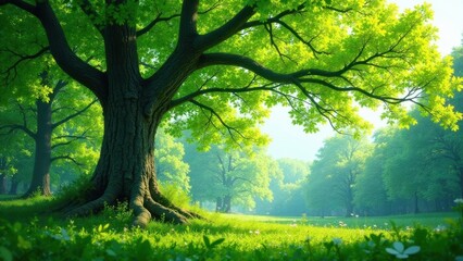 Naklejka premium Serene Springtime Grove Majestic Tree Canopy, Lush Meadow, and Gentle Sunlight Filtering Through Leaves