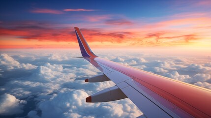 Obraz premium View from an airplane window, blue sky with white clouds, view of the wing, travel concept. Generative ai