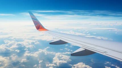 Obraz premium View from an airplane window, blue sky with white clouds, view of the wing, travel concept. Generative ai