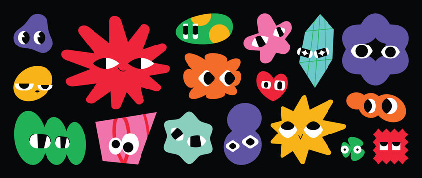 Naklejki Set of colorful funny shape element vector. Collection of cartoon characters, cute doodle dawn, geometric, organic shape with fun eye. Design for decorative, sticker, toys and kids.