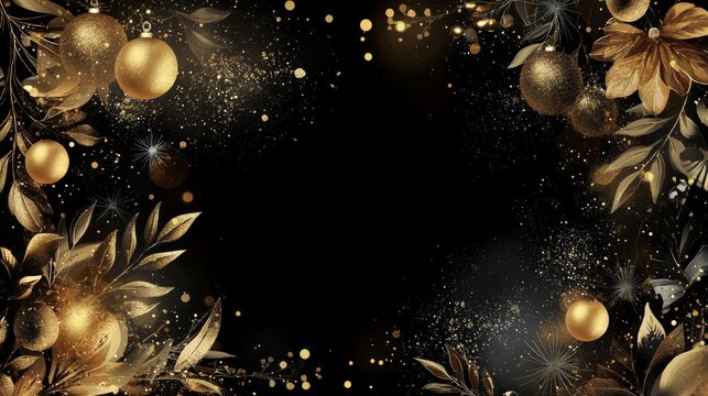 Create a luxurious New Yearâ€™s design using a color palette of rich gold and black . The central area should remain blank for text placement or a logo, while the sides are adorned with elegant