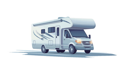 Naklejka premium A digital illustration of a white Class C RV motorhome, viewed from a slightly elevated angle. The RV is depicted on a plain white background with a subtle shadow effect below. The