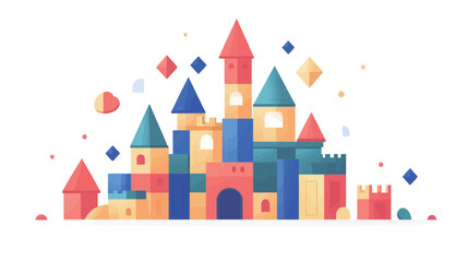 A digital illustration depicting a castle constructed from colorful, geometric building blocks. The style is flat design with bold, saturated colors.  The blocks are various shapes and