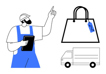 Delivery worker holding a tablet and pointing up, next to a shopping bag with sale tag and delivery truck. Ideal for e-commerce, shipping, logistics, retail, online shopping, delivery services