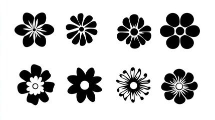 Eight Simple Black Flower Silhouettes, White Background, Design Elements