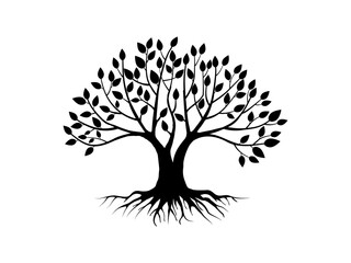 Tree and root silhouette isolated on white background. Tree and roots LOGO style.