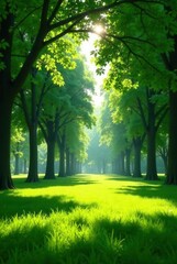 Fototapeta premium Serene Pathway Through a Lush Green Canopy of Trees on a Sunny Day