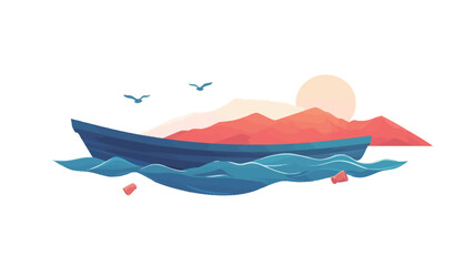 A digital illustration depicting a stylized blue boat on wavy blue water.  The background features simplified orange and red mountains silhouetted against a setting or rising sun.  A few