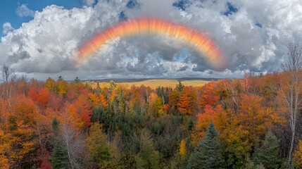 Autumn Forest Landscape with Rainbow and Colorful Leaves