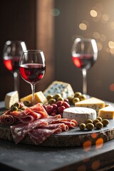 Elegant cheese and charcuterie platter with red wine in a cozy setting