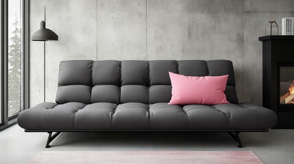Modern Gray Sofa Bed with Pink Pillow