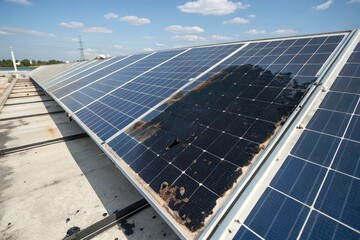 Burnt solar panel with black scorch damage from overload