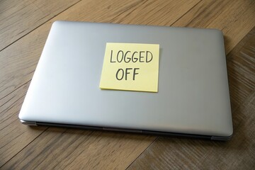 Closed laptop with logged off sticky note. Digital detox and work break