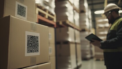 Warehouse Worker Using Tablet to Scan QR Codes on Cardboard Boxes