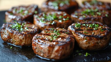 Grilled beef medallions sprinkled with fresh herbs on slate plate