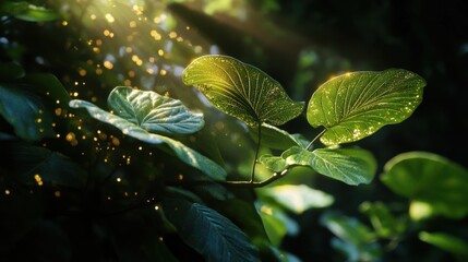 Sunlit green leaves with glittering drops in a lush forest. National Bodhi Day