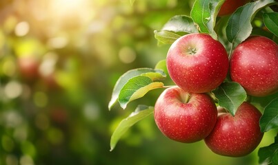 Obraz premium Red apples on a tree branch in an orchard, close-up, with a green background. Summer nature, a healthy food concept