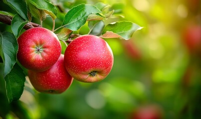 Red apples on a tree branch in an orchard, close-up, with a green background. Summer nature, a healthy food concept