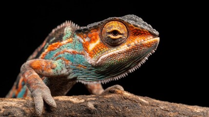 Fototapeta premium Colorful chameleon on branch displaying vivid patterns and texture
