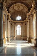 Obraz premium Sunlit Grandeur An Elegant Hallway with Classical Columns, High Ceilings, and Ornate Details