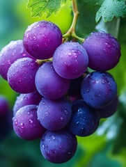 Bunch of fresh purple grapes hanging from vine with water droplets
