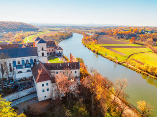 Benedictine abbey, monastery and church on the rocky cliff and Vistula river. Tyniec near Krakow,...