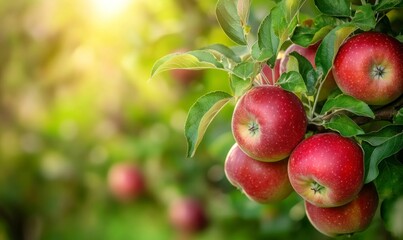 Red apples on a tree branch in an orchard, close-up, with a green background. Summer nature, a healthy food concept