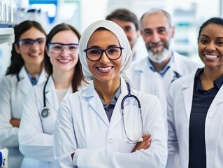Fototapeta premium A diverse group of healthcare professionals in lab coats smiles confidently, showcasing unity and expertise in a medical environment.