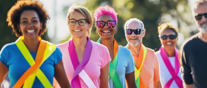 A diverse group of smiling individuals in colorful vests walking together outdoors, promoting community and wellness. - Powered by Adobe