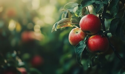 Red apples on a tree branch in an orchard, close-up, with a green background. Summer nature, a healthy food concept