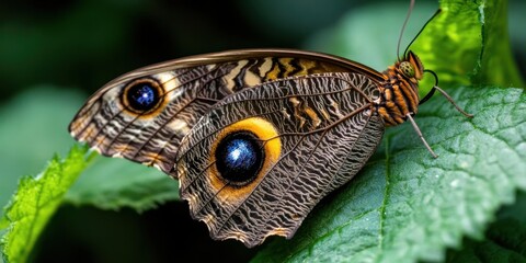 Fototapeta premium Close-up of a colorful butterfly resting on leaf with eye-patterned wings