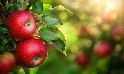 Red apples on a tree branch in an orchard, close-up, with a green background. Summer nature, a healthy food concept
