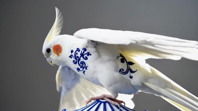 White cockatiel with blue ornaments flapping wings on decorative perch
